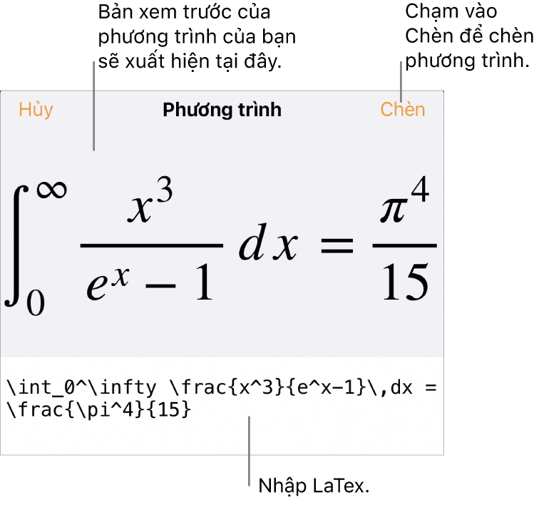 Hộp thoại Phương trình, đang hiển thị phương trình được viết bằng các lệnh LaTex và bản xem trước của công thức ở bên trên.