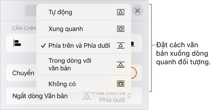 Các điều khiển Ngắt dòng văn bản với cài đặt Tự động, Xung quanh, Phía trên và Phía dưới, Trong dòng với văn bản và Không có.