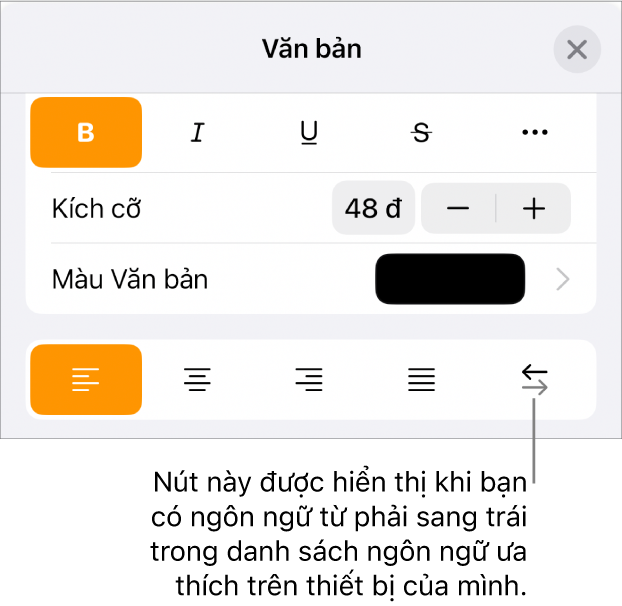 Các điều khiển văn bản trong menu Định dạng với chú thích đang trỏ tới nút Phải sang trái.