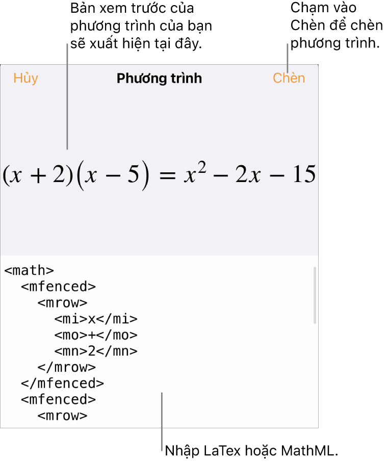 Hộp thoại Phương trình, đang hiển thị phương trình được viết bằng các lệnh MathML và bản xem trước của công thức ở bên trên.