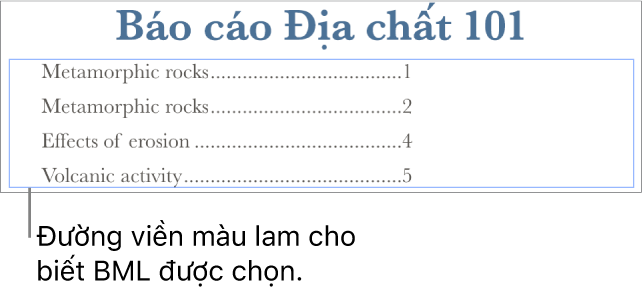 Bảng mục lục được chèn vào tài liệu. Các mục nhập hiển thị đề mục cùng với số trang.