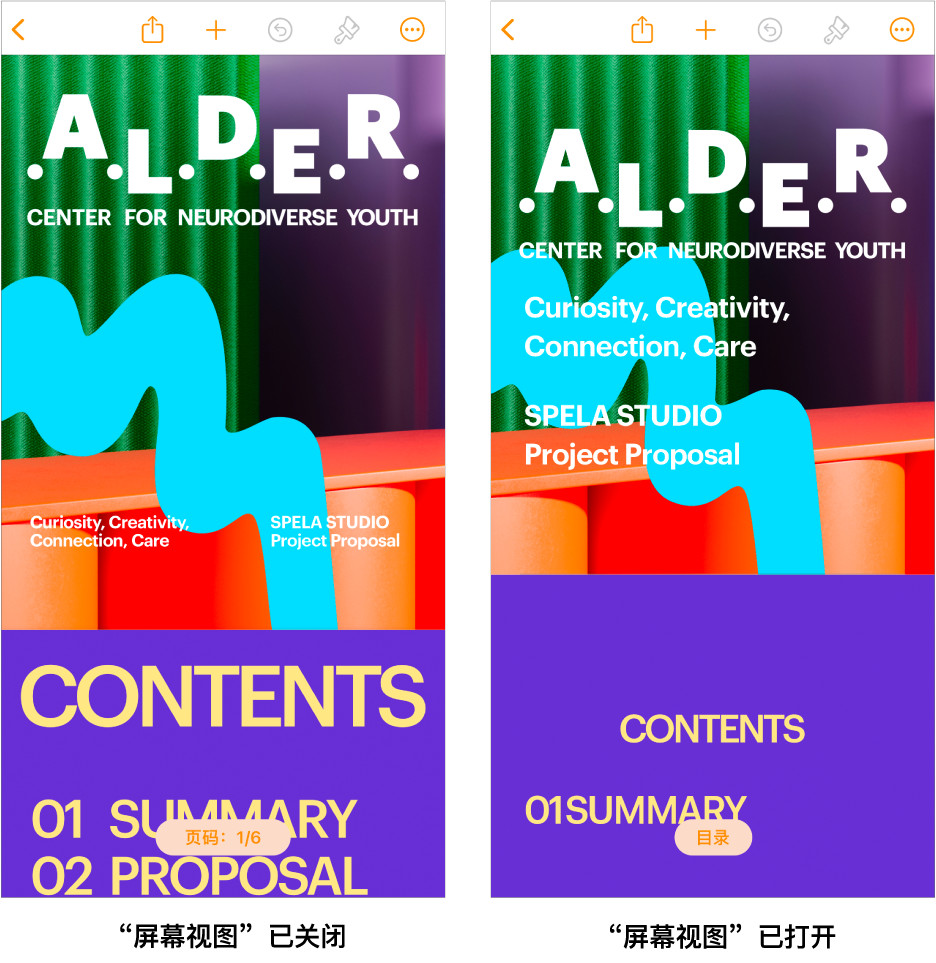 同一 Pages 文稿的两种视图,一种打开“屏幕视图”,另一种关闭“屏幕视图”。在“屏幕视图”打开的版本中,文本大小会根据屏幕调整,分页符和页眉会隐藏。