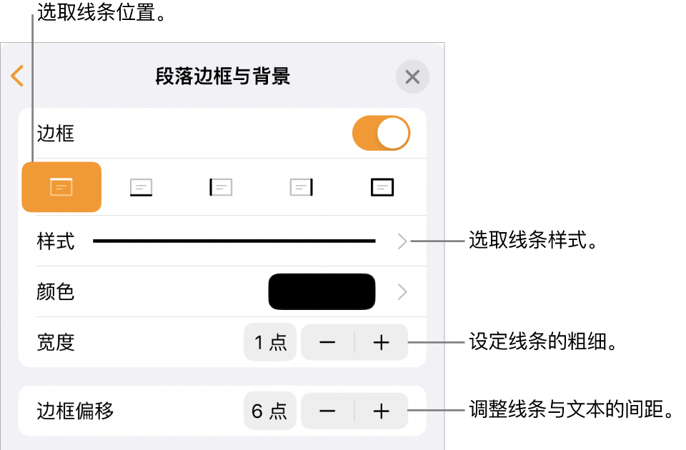 更改线条样式、粗细、位置和颜色的控制。