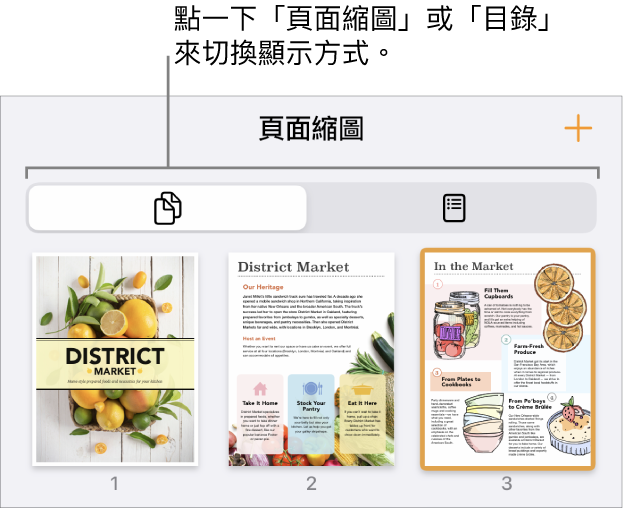「頁面縮圖」顯示方式中包含每一頁的縮圖影像。「頁面縮圖」按鈕和「目錄」按鈕位於螢幕底部。