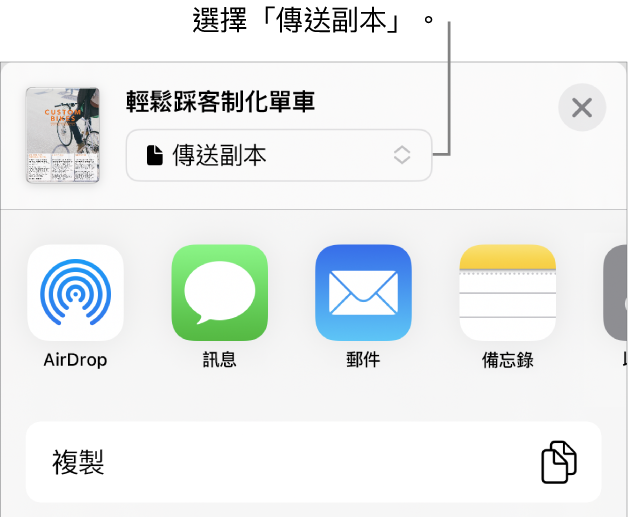 共享選單最上方的「傳送副本」已被選取。