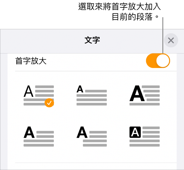 「首字放大」控制項目位於「文字」選單中。