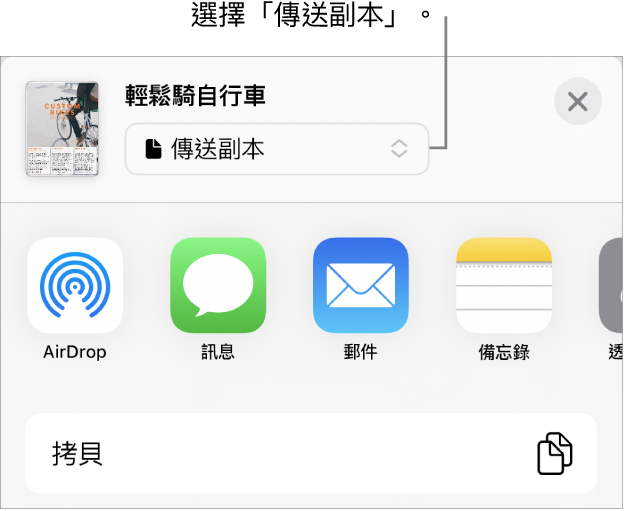「分享」選單的最上方已選取「傳送副本」。