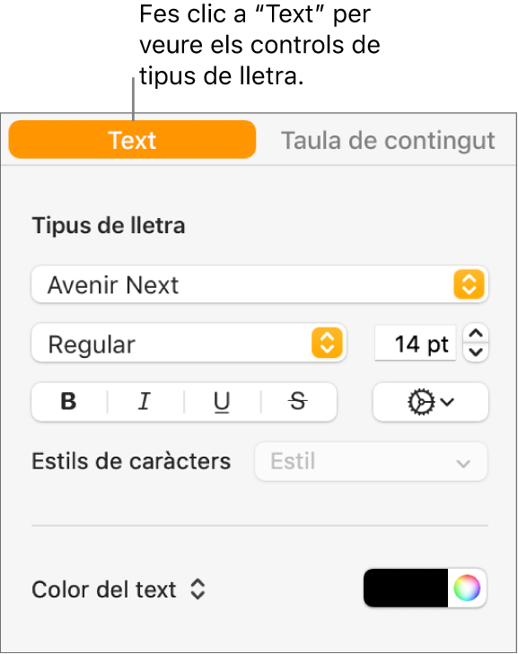La barra lateral format amb la pestanya Text seleccionada i els controls de tipus de lletra per canviar la lletra, la mida de la lletra i afegir estils de caràcter.