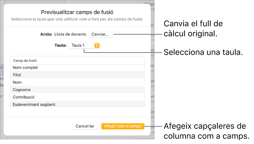 El tauler de previsualització dels camps de fusió obert, que mostra les opcions de canviar l’arxiu o la taula font, previsualitzar els noms dels camps de fusió o afegir les capçaleres de columna com a camps.