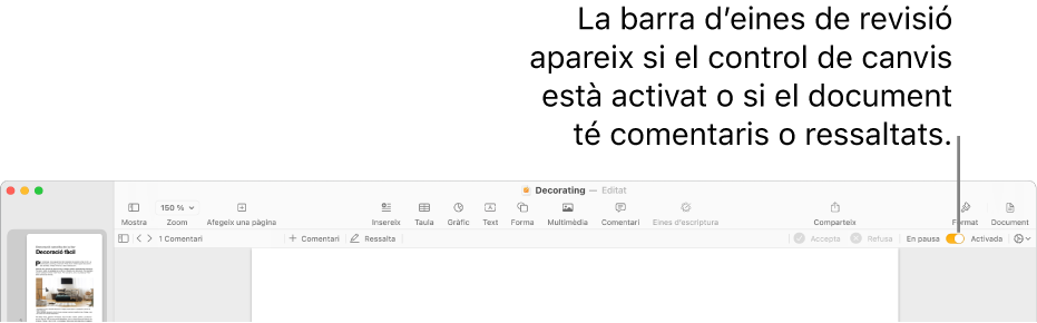 La barra d’eines del Pages amb el control de canvis activat i, a sota, la barra d’eines de revisió.