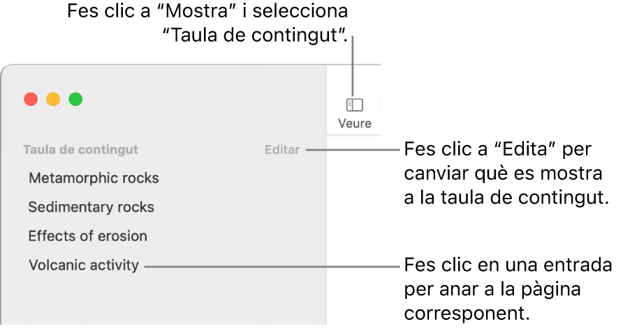 La taula de contingut del costat esquerre de la finestra del Pages amb el botó “Edita” a l’angle superior dret de la barra lateral i les entrades de la taula de contingut en una llista.