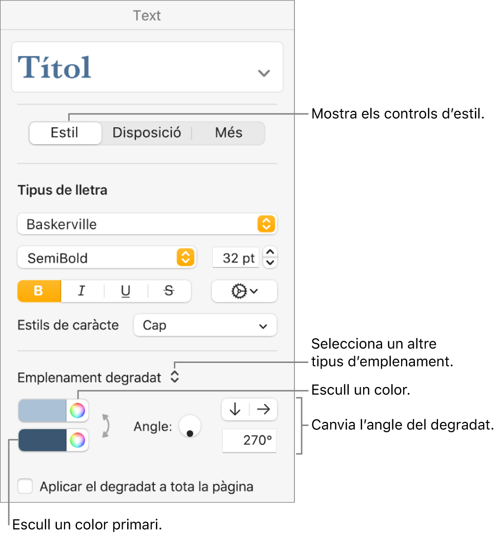 Els controls per seleccionar colors predissenyats o qualsevol color.