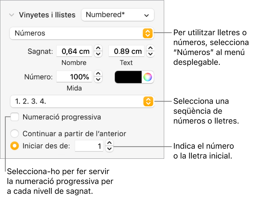 Controls per canviar l’estil dels números i l’espaiat d’una llista.