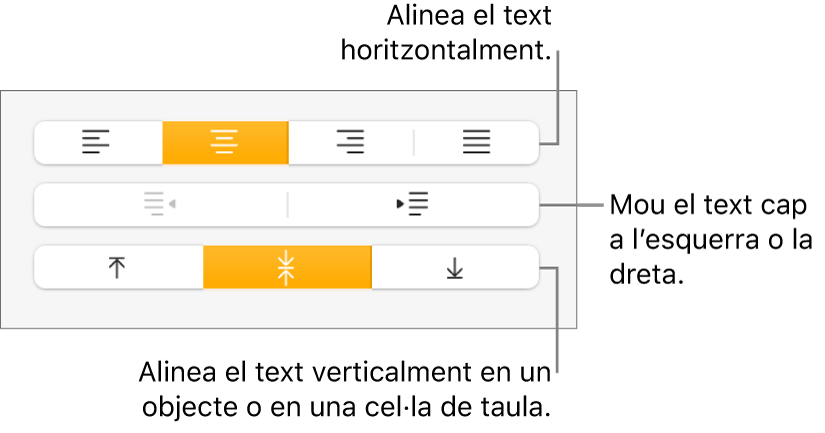 La secció Alineació de l’inspector de format, amb botons per alinear el text horitzontalment i verticalment i botons per moure’l cap a l’esquerra o cap a la dreta.