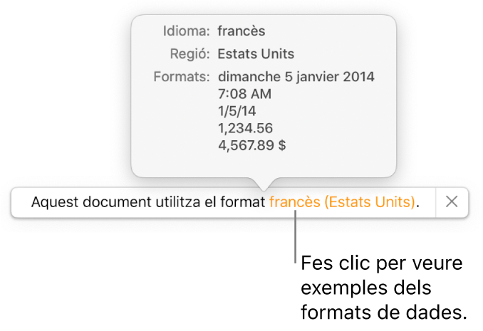 La notificació de la diferència de configuració d’idioma i regió, amb exemples del format d’aquell idioma i regió.