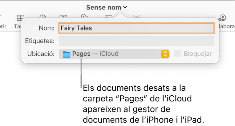 El quadre de diàleg “Desa” per a un document, amb “Pages - iCloud” al menú desplegable Ubicació.