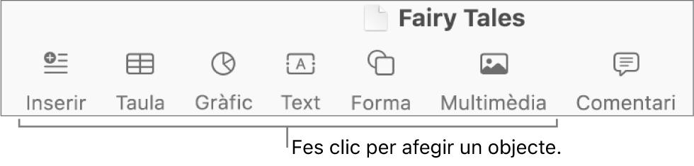 La barra d’eines, amb botons per afegir taules, gràfics, text, formes i contingut multimèdia.