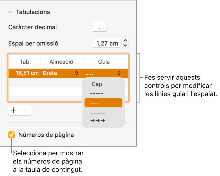 La secció Pestanyes de la barra lateral Format. A sota d’“Espai per omissió” hi ha una taula amb les columnes Tabuladors, Alineació i Guia. A sota de la taula apareix la casella de selecció “Números de pàgina” seleccionada.