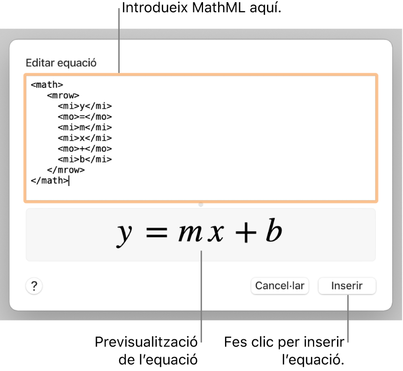 L’equació del pendent d’una línia al camp “Edita l’equació” i una previsualització de la fórmula a sota.