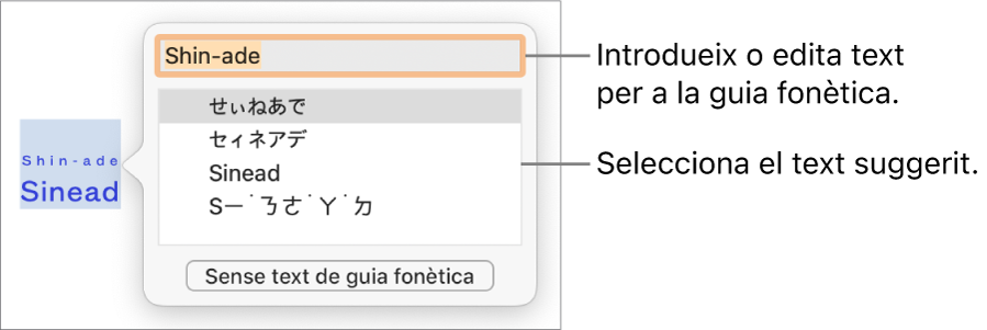 La guia fonètica, oberta per a una paraula, amb llegendes per al camp de text i el text suggerit.