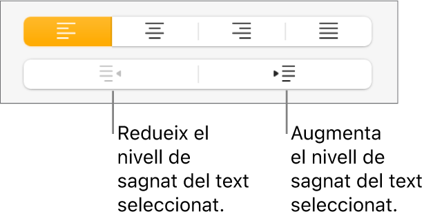 Botons per moure els paràgrafs cap a l’esquerra i la dreta.