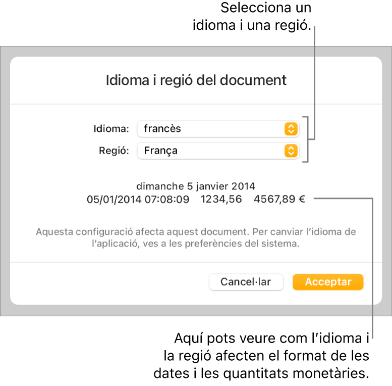 La configuració d’idioma i regió, amb controls per configurar l’idioma i la regió i un exemple de format que inclou la data, l’hora, els decimals i la moneda.