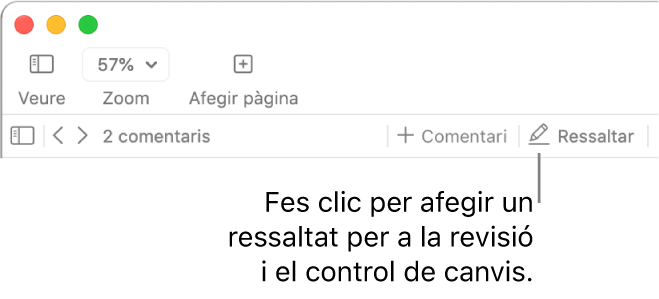 La barra de menús, que mostra el menú “Insereix”, i, a sota, la barra d’eines del Pages amb les eines de revisió visibles i una referència al botó “Ressalta”.