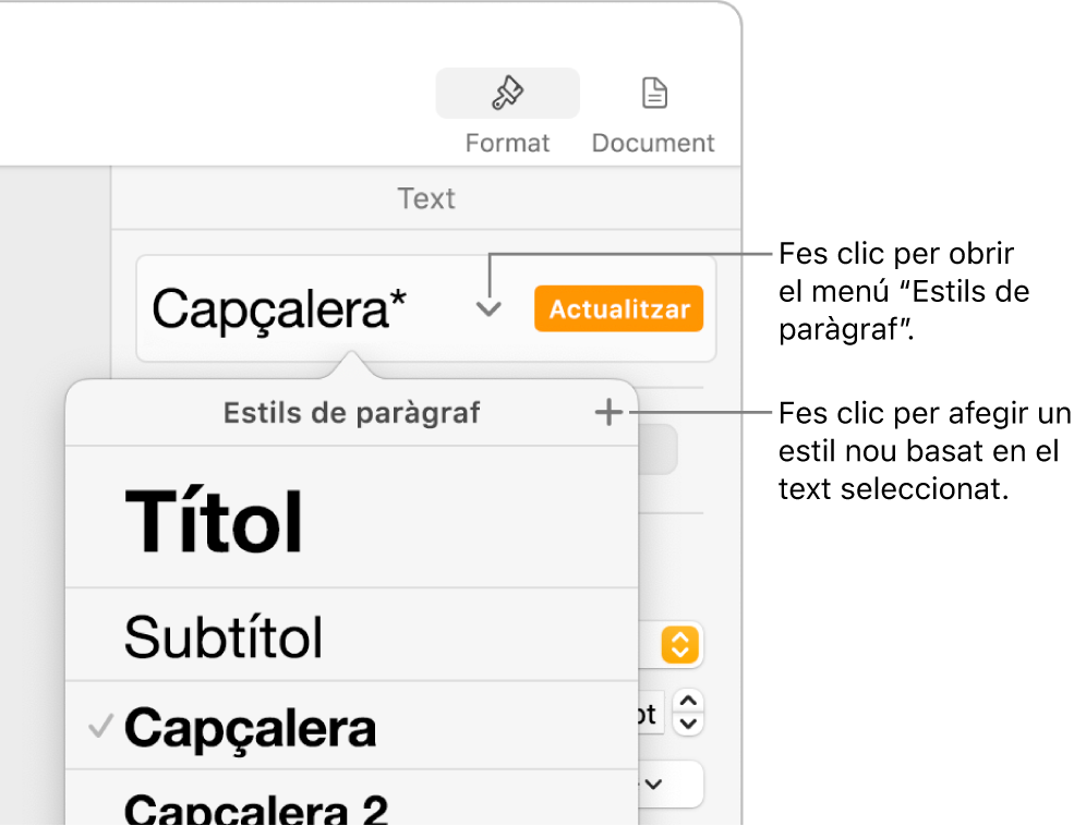 El menú “Estils de paràgraf” amb els controls per afegir o canviar un estil.