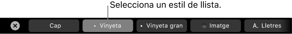 La Touch Bar del MacBook Pro amb controls per seleccionar un estil de llista.