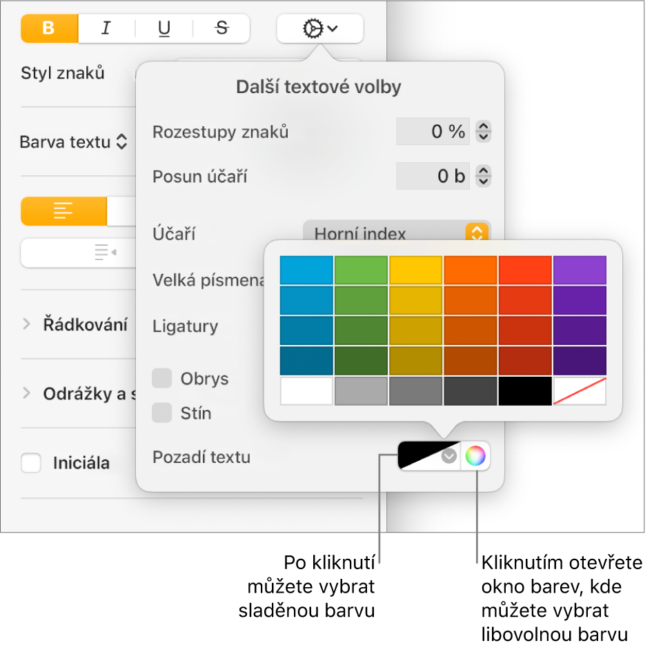 Ovládací prvky pro výběr barvy pozadí textu