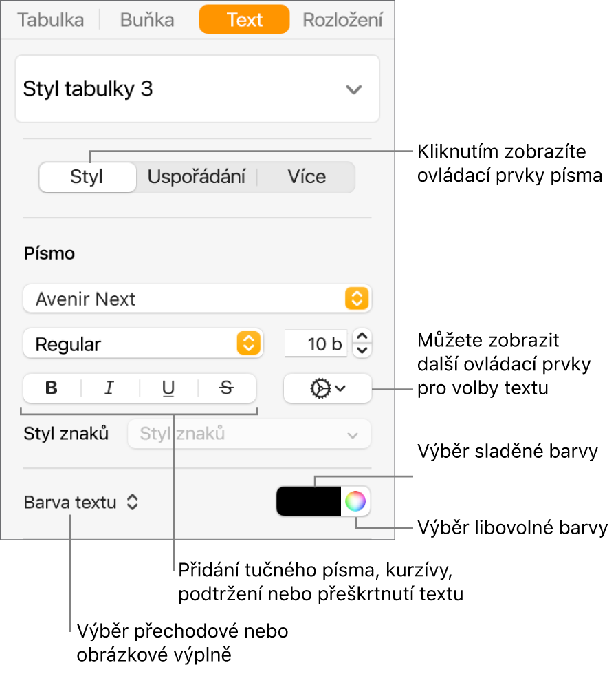 Ovládací prvky pro nastavení stylu textu v tabulce