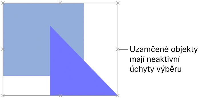 Uzamčené objekty s šedě zobrazenými úchyty výběru