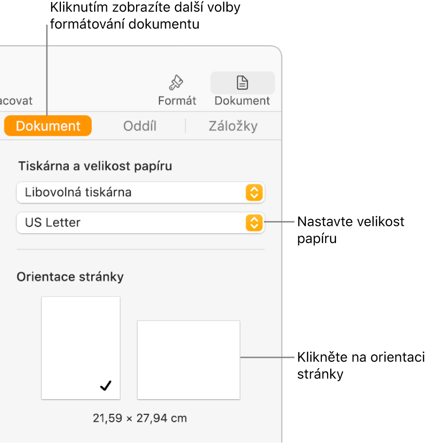 Boční panel Dokument; nahoře na panelu je vybraná karta Dokument. Na bočním panelu se nachází místní nabídka pro nastavení velikosti papíru a tlačítka pro orientaci stránky na výšku a na šířku