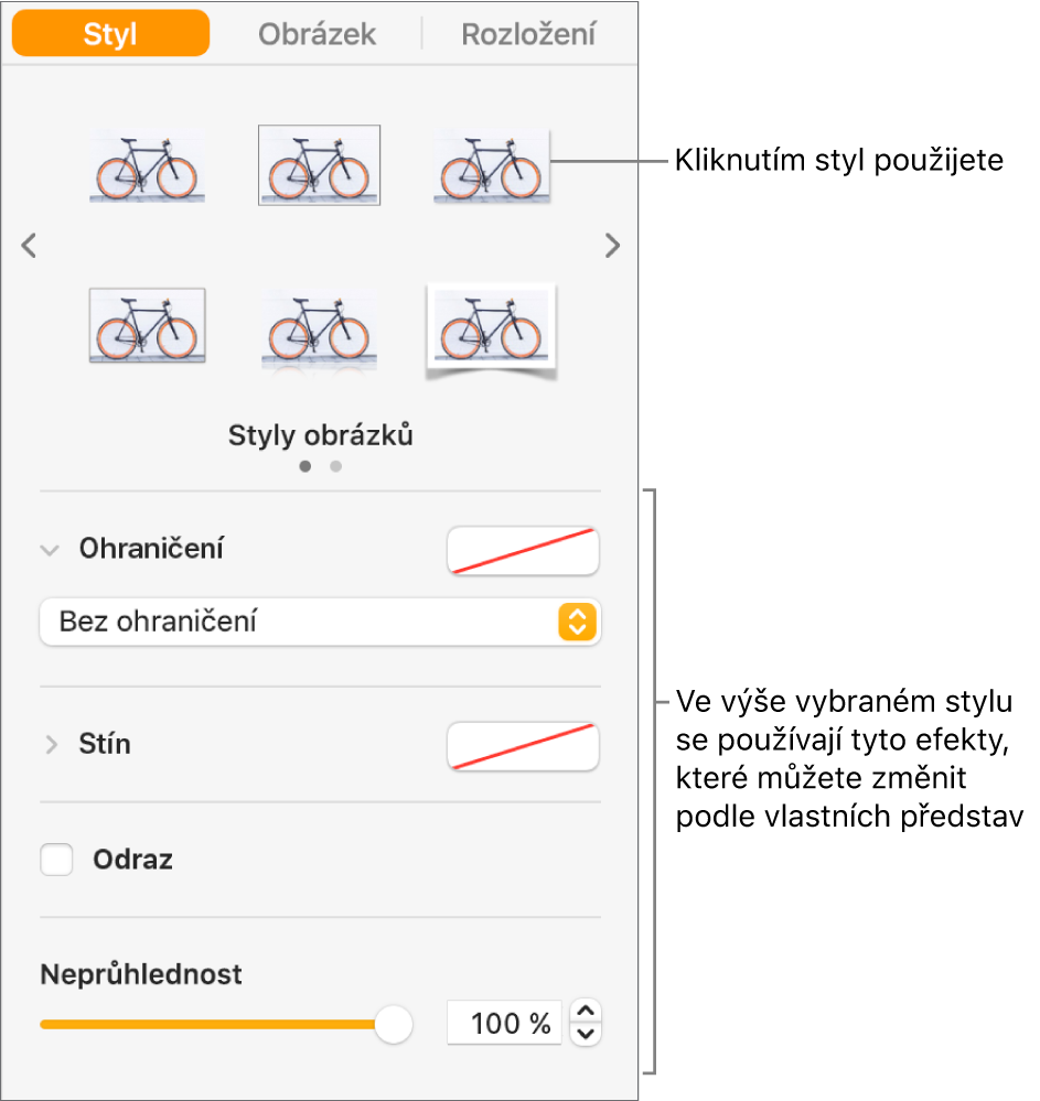 Karta Styl bočního panelu Formát s možnostmi pro nastavení stylu objektů