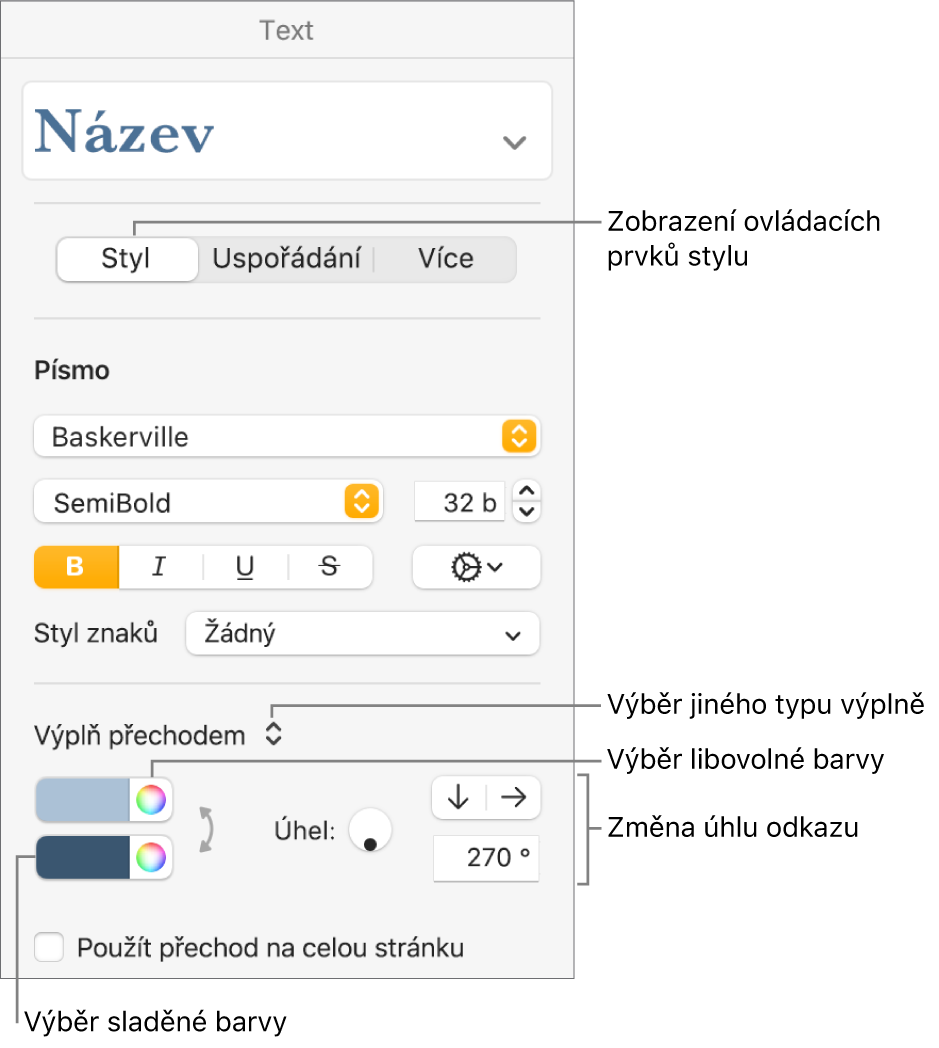 Ovládací prvky pro výběr předem nastavených barev nebo libovolné barvy