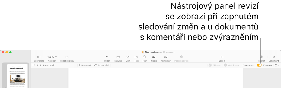 Panel nástrojů Pages se zapnutou funkcí sledování změn a pod ním panel nástrojů kontroly