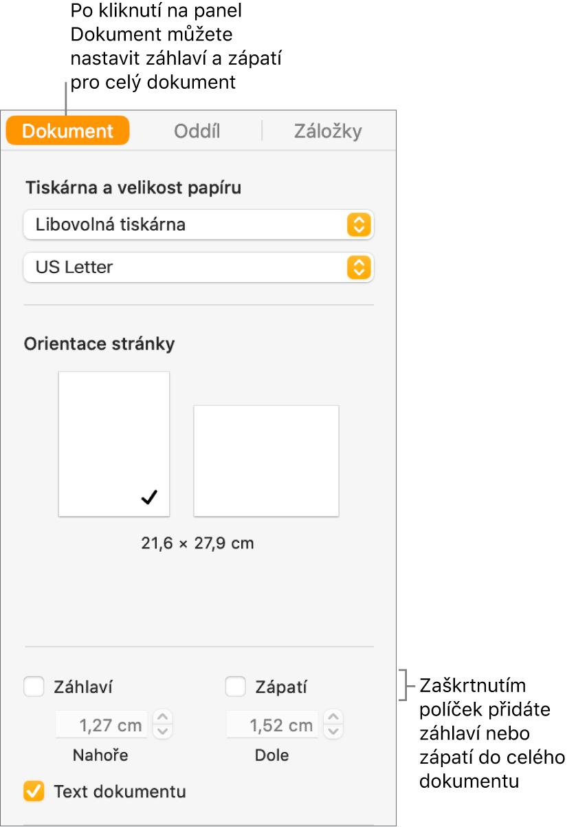 Boční panel Dokument; nahoře na panelu je vybraná karta Dokument. Pod zaškrtávacími políčky Záhlaví a Zápatí se nacházejí šipky, jimiž lze podle potřeby změnit odstup záhlaví a zápatí od horního, resp. dolního okraje stránky.