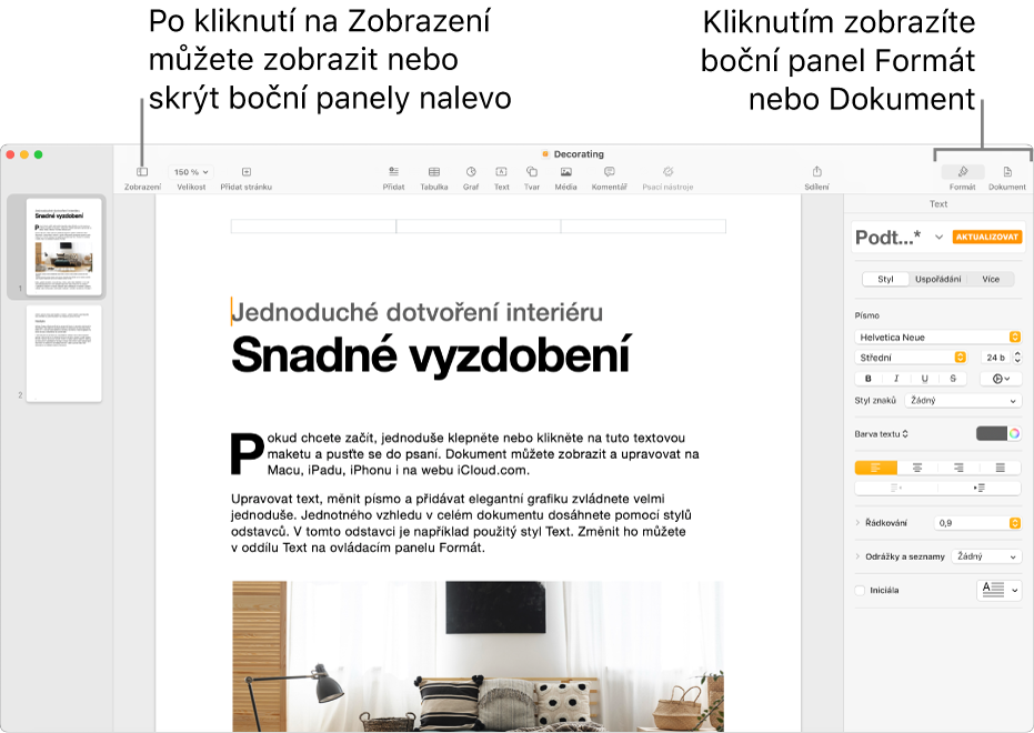 Okno Pages s popisky u tlačítka nabídky Zobrazení a u tlačítek Formát a Dokument na panelu nástrojů. Vlevo a vpravo jsou otevřeny boční panely