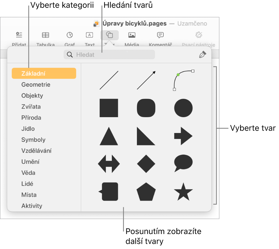 Knihovna tvarů. Vlevo jsou uvedeny kategorie, vpravo tvary. Pomocí pole hledání v horní části můžete vyhledat požadované tvary. Posunutím zobrazíte další tvary.
