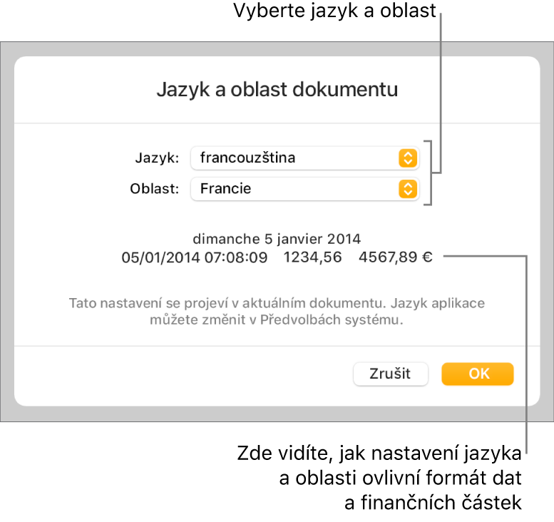 Panel Jazyk a oblast obsahující ovládací prvky pro jazyk a oblast a ukázku formátu, včetně data, času, desetinného oddělovače a měny.