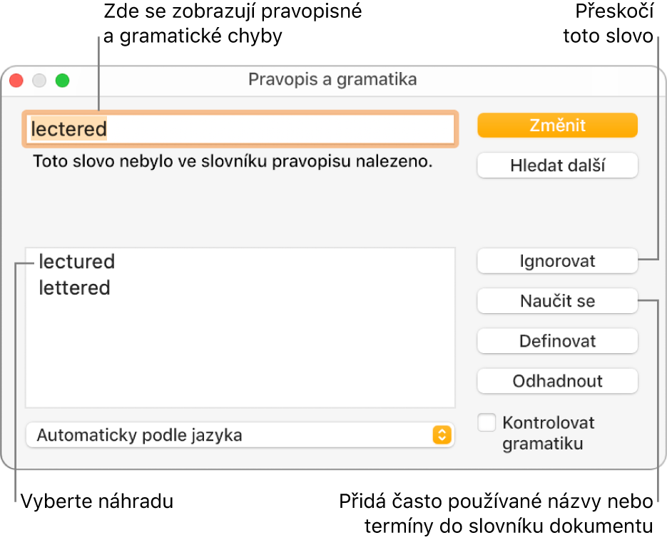 Okno Pravopis a gramatika