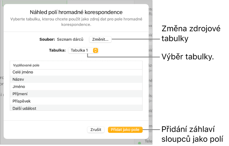 Zobrazený panel Náhled polí hromadné korespondence s volbami pro změnu zdrojového souboru nebo tabulky, pro náhled názvů polí hromadné korespondence a pro přidání záhlaví sloupců jako polí