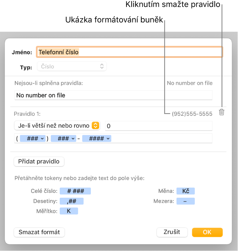 Okno vlastního formátu buněk s ovládacími prvky pro výběr vlastního formátu čísel