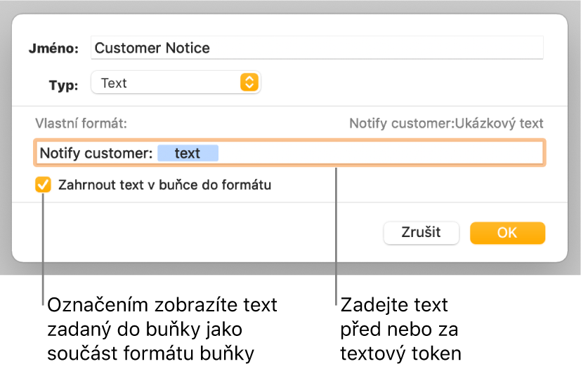Okno vlastního formátu buněk s ovládacími prvky pro výběr vlastního formátu textu