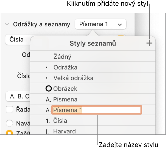 Nabídka Styly seznamů s tlačítkem Přidat v pravém horním rohu a maketou názvu stylu s vybraným textem