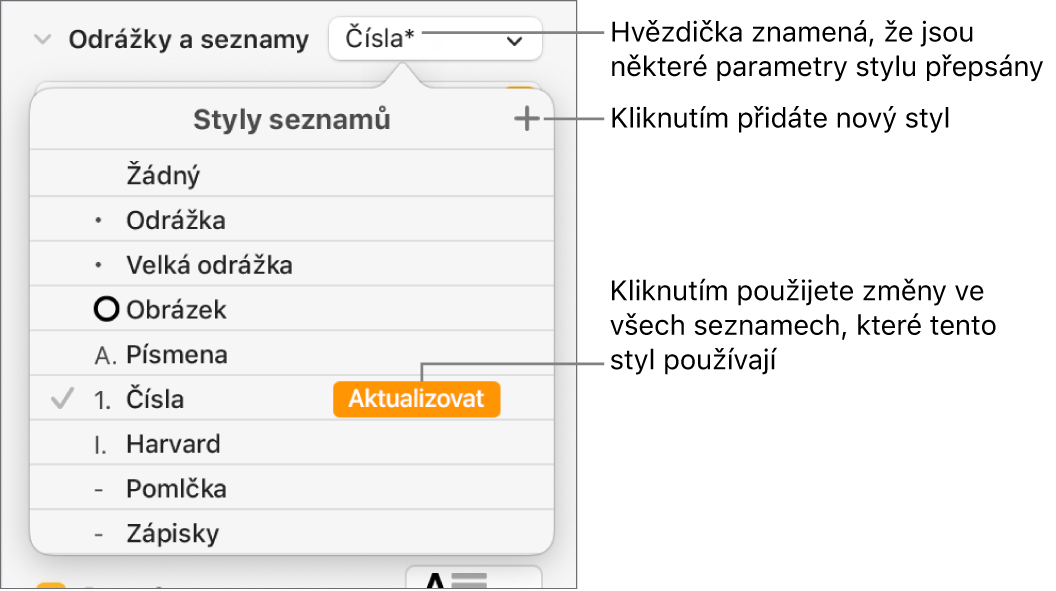 Místní nabídka Styly seznamů s hvězdičkou, která informuje o existenci přepisu, a s popisky u tlačítka Nový styl a podnabídky voleb pro správu stylů