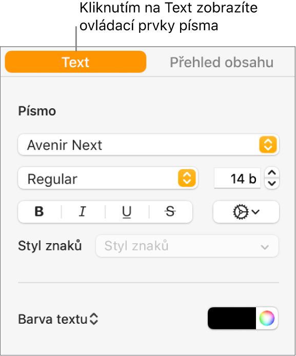 Boční panel Formát, na němž je vybrán panel Text s ovládacími prvky pro změnu typu a velikosti písma a přidání stylů znaků