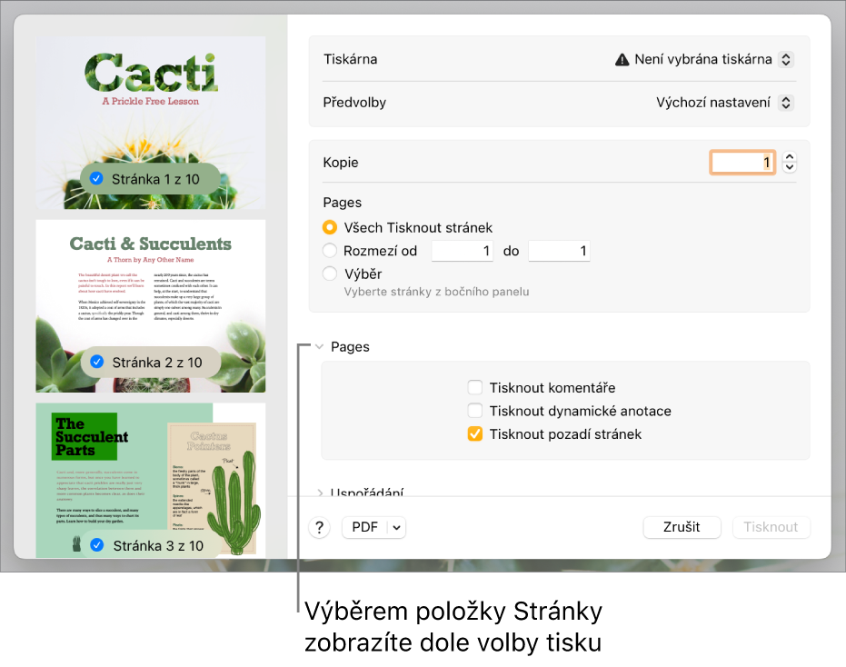 Dialogové okno Tisk s ovládacími prvky pro tiskárnu, předvolby, kopie a rozsah stran. V místní nabídce pod nastavením rozsahu stran je vybrána volba Strany a za ní následují zaškrtávací políčka pro tisk komentářů, tisk dynamických anotací a tisk pozadí stránek.