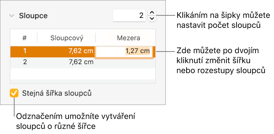 Panel Uspořádání v Inspektoru formátu s ovládacími prvky pro sloupce