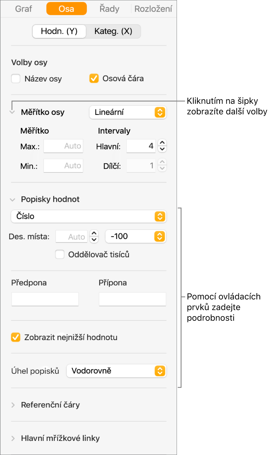 Ovládací prvky pro formátování popisků os grafu